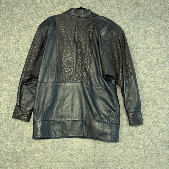 Vtg Oscar Leopold Deep Navy Animal Print Panels Retro Genuine Leather Jacket P/S - Picture 8 of 11